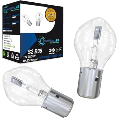 Abbildung von LIGHTWORLD24 BA20d S2 35/35W 12V Motorrad Halogenscheinwerfer Superhelle Fernlicht Abblendlicht Roller Moped Motoroller Scooter Bilux Lampe Glühbirnen 2er SET