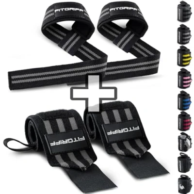 Abbildung von Fitgriff® Handgelenk Bandagen + Zughilfen (2er Set) für Krafttraining, Fitness, Bodybuilding, Gewichtheben, Gym, Kraftsport Frauen und Männer (Black/Grey)
