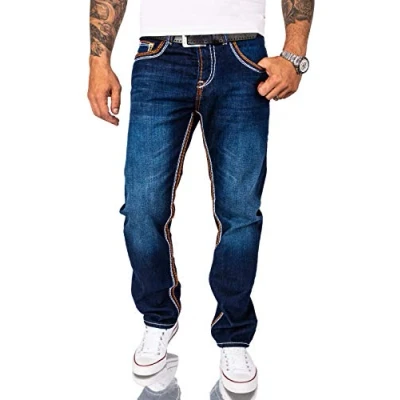 Abbildung von Rock Creek Herren Jeans Hose Comfort Fit Dicke Nähte Herrenjeans Herrenhose Denim Stonewashed Basic Weites Bein Raw RC 2167 Dunkelblau W29 L30