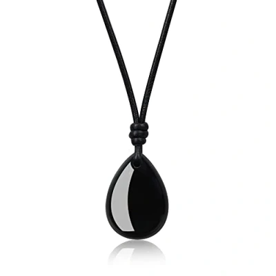 Abbildung von COAI Geschenkideen Unisex Leder Halskette mit Träne der Engel Wassertropfen Anhänger aus Obsidian