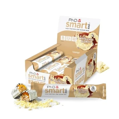 Abbildung von PhD Nutrition Smart Bar Protein Riegel, Snack mit 20g Eiweiß und kaum Zucker / Makrofreundlicher Proteinriegel für unterwegs, 12er Packung 64g Weiße Schokolade Geschmack