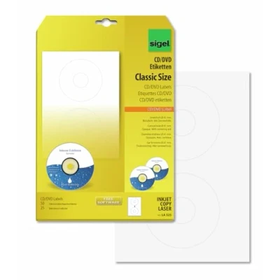 Abbildung von SIGEL LA525 CD /DVD Etiketten selbstklebend, bedruckbar, weiß, blickdicht, 50 = 25 Blatt, mit Zentrierhilfe, ClassicSize 41 mm Innenloch
