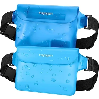 Abbildung von Spigen Aqua Shield wasserdichte Tasche [2 Stück] Beutel Bauchtasche Handytasche Gürteltasche Handyhülle Unterwasser Strand für Wassersport Sea Blue