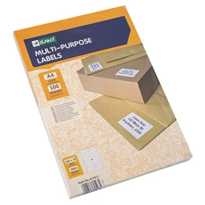 Abbildung von D.RECT Klebeetiketten Universal Etiketten (105x29mm auf DIN A4) bedruckbar selbstklebend 100 Blatt/Packung 20 Etiketten/Blatt 2000 Stücke weiß