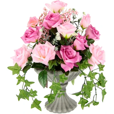 Abbildung von Rosen im Pokal Kunstblumen Blumen Grabschmuck Künstliche Kunstrosen Blumenstrauß Deko Rosenköpfe Plastikrosen Rose wie echt Seidenblumen Dekoblumen künstlich