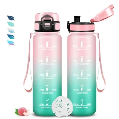 Abbildung von Trinkflasche 1l, Sport, Auslaufsicher, mit Zeitmarkierung, Kohlensäure Geeignet, Leicht zu Reinigen,Trinkflasche für Fitness, Schule, Büro, Outdoor