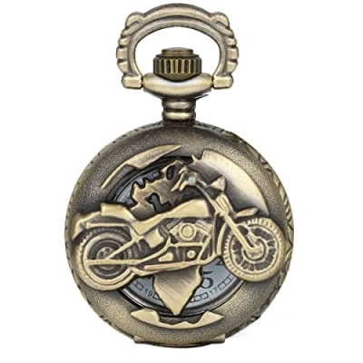 Abbildung von JewelryWe Vintage Taschenuhr Herren Unisex Analog Quarz Uhr mit Halskette Kette Kettenuhr Pocket Watch Motorrad Vatertagsgeschenk