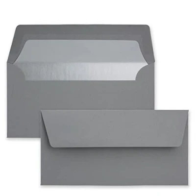 Abbildung von 25 Brief Umschläge DIN Lang Graphit/Dunkel Grau mit Silber Metallic Innen Futter 110 x 220 mm Nassklebung gerader Klappe festliche Kuverts für Weihnachten