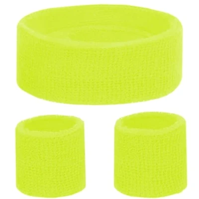 Abbildung von KarneLux Neon Schweißbänder Set Retro 80er 90er Outfit Vokuhila Zubehör mit Armbänder und Stirnband Kostüm Accessoire für Damen Herren (Neon Gelb)