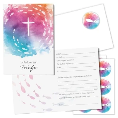 Abbildung von 15er Set Einladungskarten zur Taufe Klappkarten in DIN A6 mit Kreuz Bunt I 10,5 x 14,8 cm 15 Umschlägen und 18 Aufklebern zum Verzieren vorausgefüllt Lückentext dv_1203