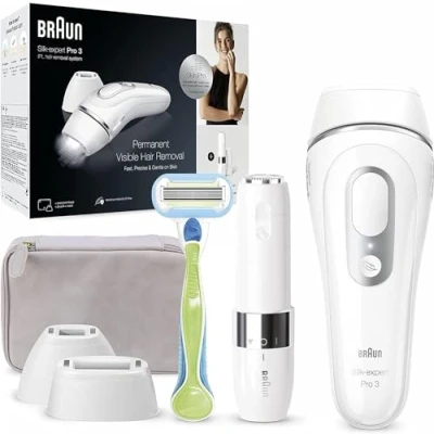 Abbildung von Braun IPL Silk Expert Pro 3 Haarentfernungsgerät Damen, 2 Aufsätze, sichtbare Haarentfernung, Designed In Germany, Gesichtshaarentferner, Alternative zu Laser PL3139, Weiß/Silber