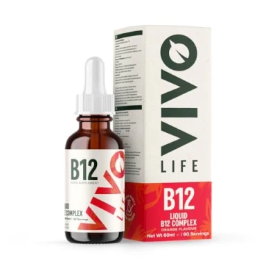 Abbildung von Vivo life Vitamin B12 Complex, hochwirksame Gesundheitsergänzung, flüssige Tropfen mit Orangengeschmack, 60ml, 60 Portionen