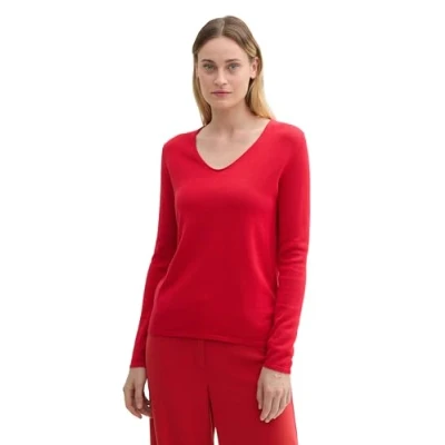Abbildung von TOM TAILOR Damen 1012976 Strickpullover mit V Ausschnitt, 36494 Crimson, XXS