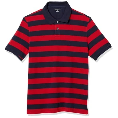 Abbildung von Amazon Essentials Herren Polohemd mit normaler Passform aus Baumwollpiqué (erhältlich in Big &amp; Tall), Marineblau Rot Rugby Streifen, XL