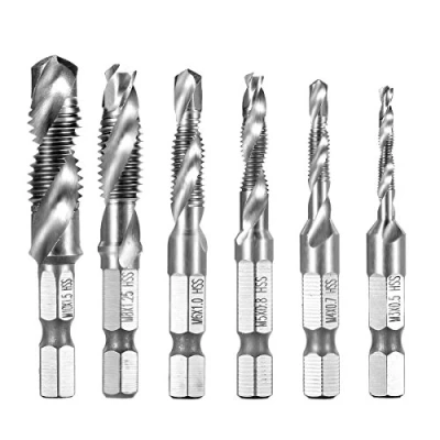 Abbildung von Qibaok 6tlg Kombi Bohrer Gewindebohrer 1/4&quot; HSS M3 M10 Schraube Sechskantschaft Senker Werkzeuge Maschinengewindebohrer Set für Holz Kunststoff Dünnes Aluminium, Nicht Harten Materialien