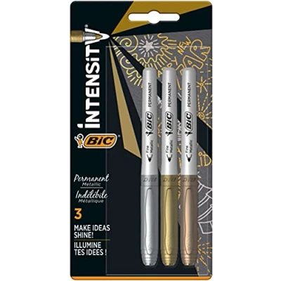 Abbildung von BIC Intensity Marker, in 3 verschiedenen Metallicfarben, Strichstärke: 0.8 mm, mit komfortablem Gummigriff und Austrocknungsschutz, gold/silber/bronze