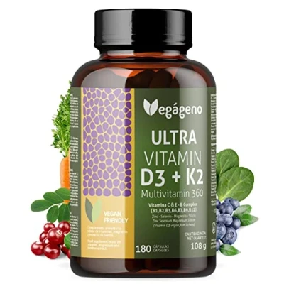 Abbildung von Vitamin D3 und K2 180 vegane Kapseln mit C, E, B Komplex, Biotin, Folsäure Mineralstoffen wie Zink, Selen Magnesium