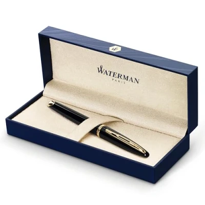 Abbildung von Waterman Carène Black Sea Füller hochglänzend Schwarz mit Clip aus 23 karätigem Gold Füllfederhalter mittlerer Feder blaue Tinte Geschenkbox
