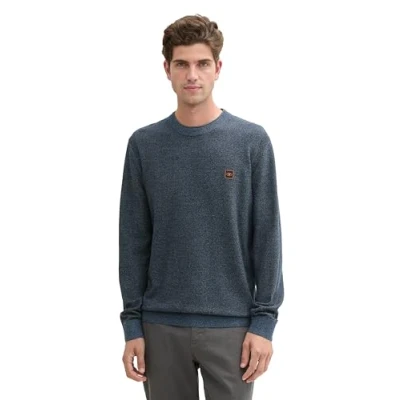 Abbildung von TOM TAILOR Herren Strickpullover mit Logo Badge, 37030 Navy Blue Green Multicolor, XL