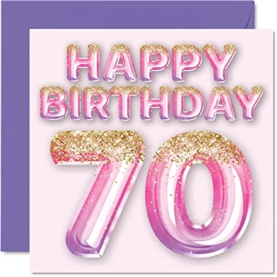 Abbildung von Geburtstagskarte zum 70. Geburtstag für Frauen rosa und lila Glitzerballons Happy Karten 70 Jahre alte Frau Mama Great Nanny Grandma Gran 145 mm Seventy Seventieth Geburtstagskarten Geschenk