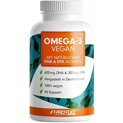 Abbildung von Omega 3 vegan Kapseln 90x 2000 mg Algenöl pro Tag hochdosiert mit 600 DHA + 300 EPA hochwertige DHA:EPA Verhältnis 2:1 laborgeprüft Analyse Zertifikat