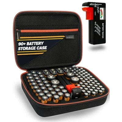 Abbildung von AKIELO+ Batterie Aufbewahrungsbox box mit Universalem Tester Unordnungfreie Batteriebox Aufbewahrung Fasst 90+ Batterien AA, AAA, C, 9V (Nicht Enthalten)