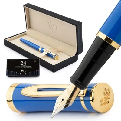 Abbildung von Wordsworth &amp; Black Füllfederhalter Set, feine 18 Karat Goldfeder, inklusive 24 Tintenpatronen, Kolbenkonverter und Geschenkbox, goldfarben, Kalligraphie, Kaiserblau