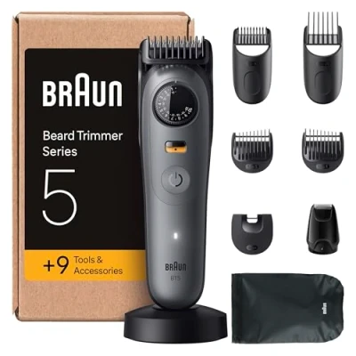 Abbildung von Braun Barttrimmer Series 5, +9 Zubehörteile, ultrascharfe Klinge, 120 Min Akkulaufzeit, 40 Längeneinstellungen, Wasserdicht, Präzisionsrad &amp; Feststelltaste, BT5565, Grau