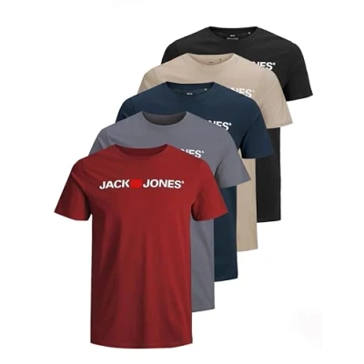 Abbildung von JACK &amp; JONES Herren JJECORP Logo Tee SS Crew Neck 5er Pack Kurzarm T Shirt, B, Black/Grisaille/RedDahlia/Crockery/NavyBlazer, XL