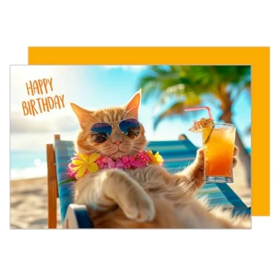 Abbildung von Edition Seidel Premium Geburtstagskarte mit Umschlag. Glückwunschkarte Tier Karte Billet Geburtstag Happy Birthday Mann Frau Coole Katze Strand Meer Cocktail Relax Humor (G3520 SW024)