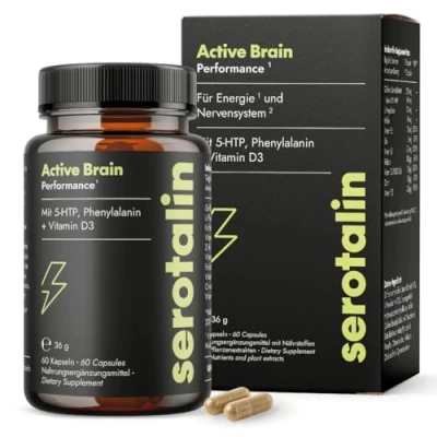 Abbildung von serotalin® ORIGINAL Kapseln Energie, Motivation &amp; Fokus mit Griffonia + Vitamin D3 Phenylalanin B12, B6, Zink, Chrom Koffein 100% vegan, 60 für 2 Monate