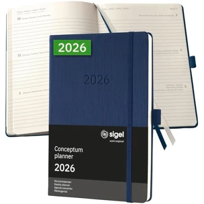 Abbildung von SIGEL C2662 Wochenplaner Wochenkalender 2026, ca. A5, dunkelblau, Hardcover, 192 Seiten, Gummiband, Stiftschlaufe, Archivtasche, aus nachhaltigem Papier, Kalenderbuch Conceptum