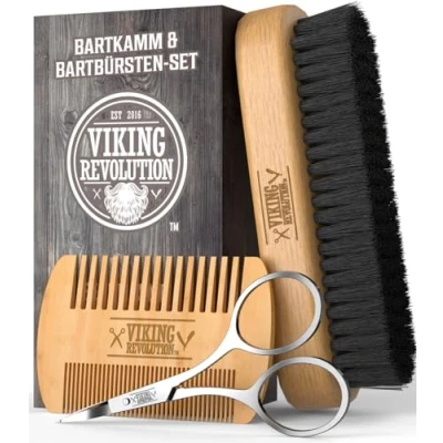 Abbildung von Viking Revolution Bartkamm &amp; Bartbürste Set Für Männer Natürliche Bart bürste Wildschweinborsten Dual action birnenholzkamm Mit Samt reiseetui Geschenke