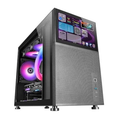 Abbildung von Mars Gaming MC LCD, Kompaktes Micro ATX PC Gehäuse, 8&quot; IPS LCD Display, Seitliches, Oberes und Vorderes Mesh Gitter, Seitenfenster Gehärtetem Glas, Mini Tower Modularem Panel Design, Schwarz