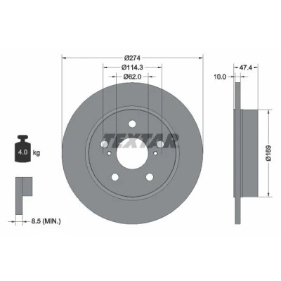 Abbildung von TEXTAR 92321103 Bremsscheibe 274 10 05/07 114,3 voll beschichtet ohne Radlager, Radbefestigungsbolzen, Radnabe TOYOTA: Corolla XII Estate