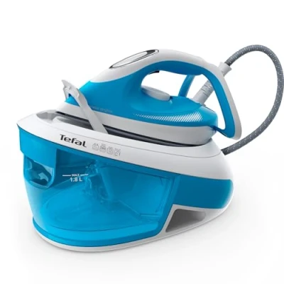 Abbildung von Tefal SV8002 Express Airglide Dampfbügelstation 2800 Watt Durilium Bügelsohle 5,9 Bar Pumpendruck konstante Dampfabgabe: 120 g/Min. Dampfstoß: 380 Vertikaldampf Weiß/Blau