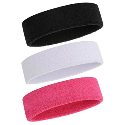 Abbildung von ONUPGO Schweißband Stirnband für Männer &amp; Frauen 3PCS Sports Stirnbänder Feuchtigkeitstransport Athletic Cotton Terry Cloth Schweißabsorbierende Kopfband (Black/White/Pink)