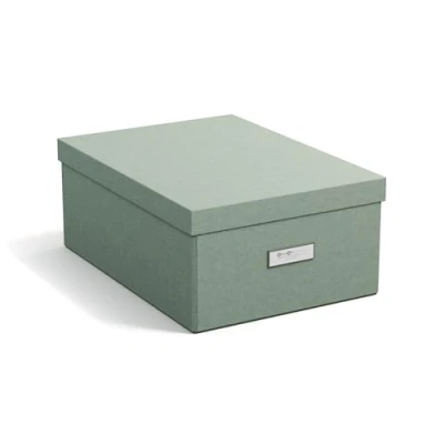 Abbildung von BIGSO BOX OF SWEDEN KATIA mittelgroße Aufbewahrungsbox mit Deckel stabiler Organizer aus Faserplatte und Papier in Leinenoptik praktische Faltbox Etikettenrahmen mintgrün