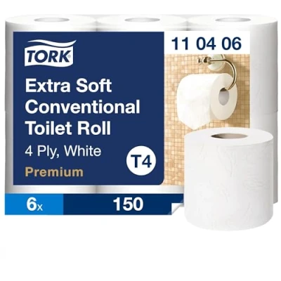 Abbildung von Tork extra weiches Kleinrollen Toilettenpapier Weiß T4, Premium Qualität, 4 lagig, 6 Rollen x 18.75m, 110406