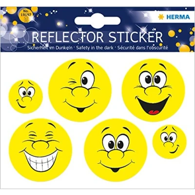 Abbildung von HERMA 19197 Reflektor Aufkleber Emojis Smileys Gesichter gelb, 6 Stück, selbstklebend Kinder Sticker für Fahrrad Helm Schulranzen Koffer Kinderzimmer, Motiv Leuchtaufkleber Leuchtsticker Set