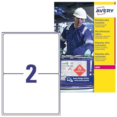 Abbildung von Avery B365550 A4 Ultra robuste Wasserdicht GHS Etiketten, bs5609 zertifiziert, für alle Drucker, 148 x 210 mm, weiß