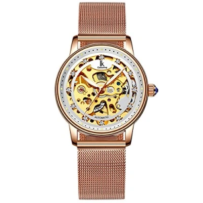 Abbildung von Alienwork Automatikuhr Armbanduhr Damen Roségold Metall Mesh Armband Edelstahl Weiss Skelett Glasboden