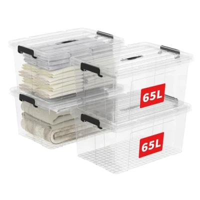 Abbildung von Cetomo 65L*4 Aufbewahrungsboxen, Tragbare Plastikboxen mit Deckeln, Organizer Behälter Griff und Clips, Stapelbar, Ineinander Nestbar, für Zuhause Büro, Transparent, 65L 4er Pack