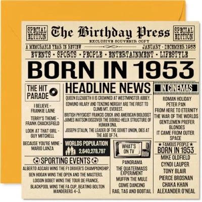 Abbildung von Geburtstagskarte zum 71. Geburtstag für Männer und Frauen Born in 1953 Zeitung Happy 71 Großvater, Oma, Vintage, Retro, Back 1953, 145 mm x mm, 70