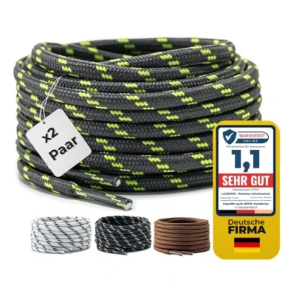 Abbildung von LaceHype 2 Paar Premium Runde Schnürsenkel [ Ø4,5 mm ] Polyester für Arbeitsschuhe, Stiefel, Outdoorschuhe und Sportschuhe reißfeste Schuhbänder (Dunkelgrau/Grün, 150cm)
