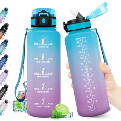 Abbildung von Wasserflasche 1.5L, Trinkflasche mit Strohhalm, Sport Auslaufsicher Zeitmarkierung, BPA frei, &amp; Kohlensäure Geeignet, Ideal für Outdoor, Fitness, Schule, Büro, Erwachsene, Fahrrad