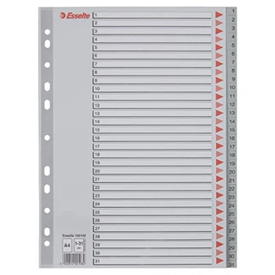 Abbildung von Esselte Register für A4, Deckblatt aus Karton und 31 Trennblätter Kunststoff, Taben mit Zahlenaufdruck 1 31, Überbreite, Grau, 100108