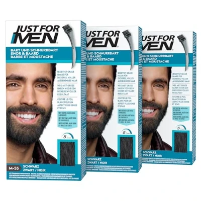 Abbildung von Just For Men Schnurrbart und Bart, Bart Farbe, Tönung, Bartfarbe, Eliminiert Graue Haare Für Ein Volleres Aussehen, Mit Applikatorpinsel, Farbe Schwarz, M55 3er Pack (3x28.4g)