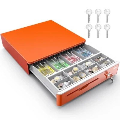 Abbildung von Tera 16 Zoll Automatik Kassenschublade mit Mikroschalter 5 Scheinfächern und 8 Münzfächern für POS Systeme herausnehmbare Geldscheinfächer Schlüsselverriegelung orange 405R