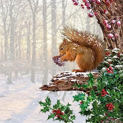 Abbildung von 20 Servietten Weihnachten Eichhörnchen im Winterbaum als Tischdeko. Papierservietten mit Motiv. Auch für Decoupage und Serviettentechnik 33x33cm